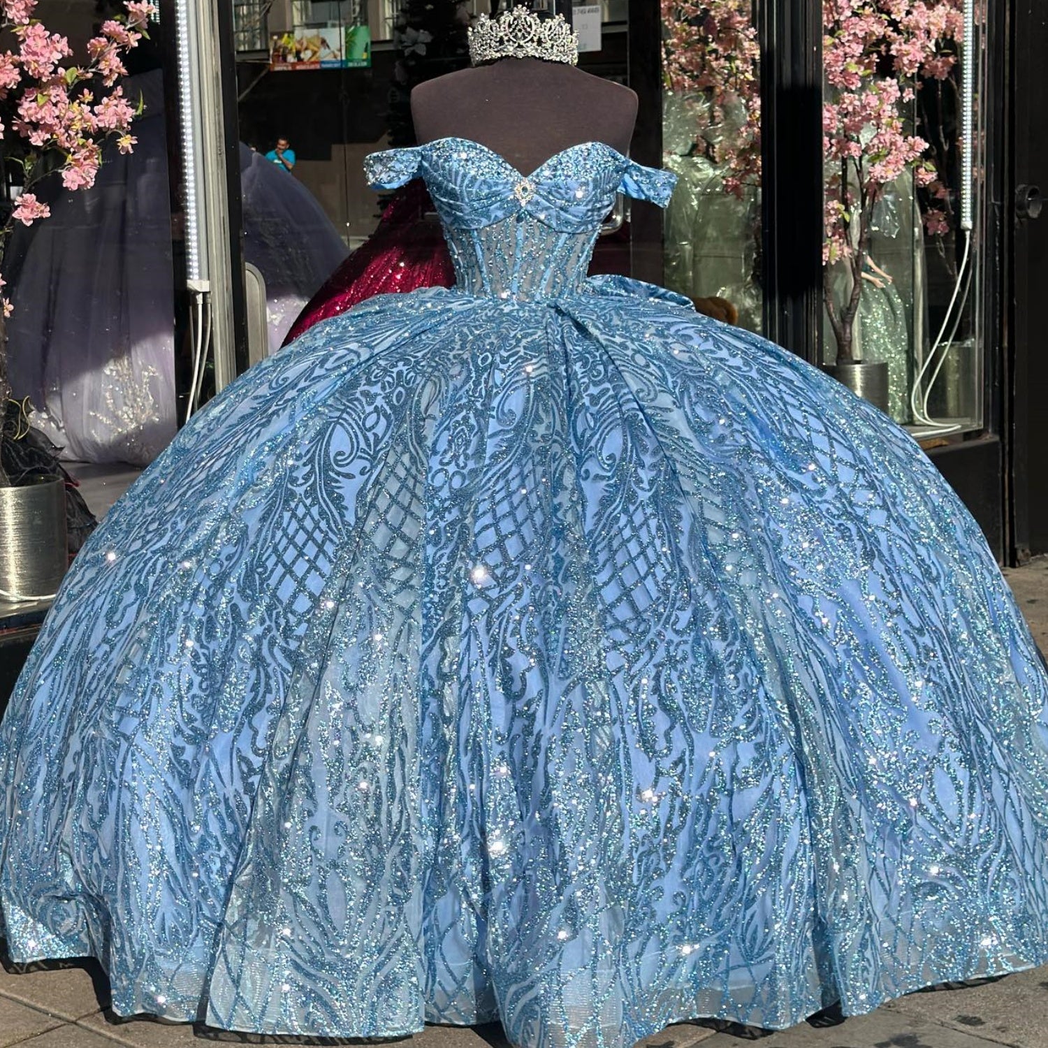 Off Shoulder Sleeveless Beaded Crystal Glitter Bow Knot Quinceañera Dress YQ1012