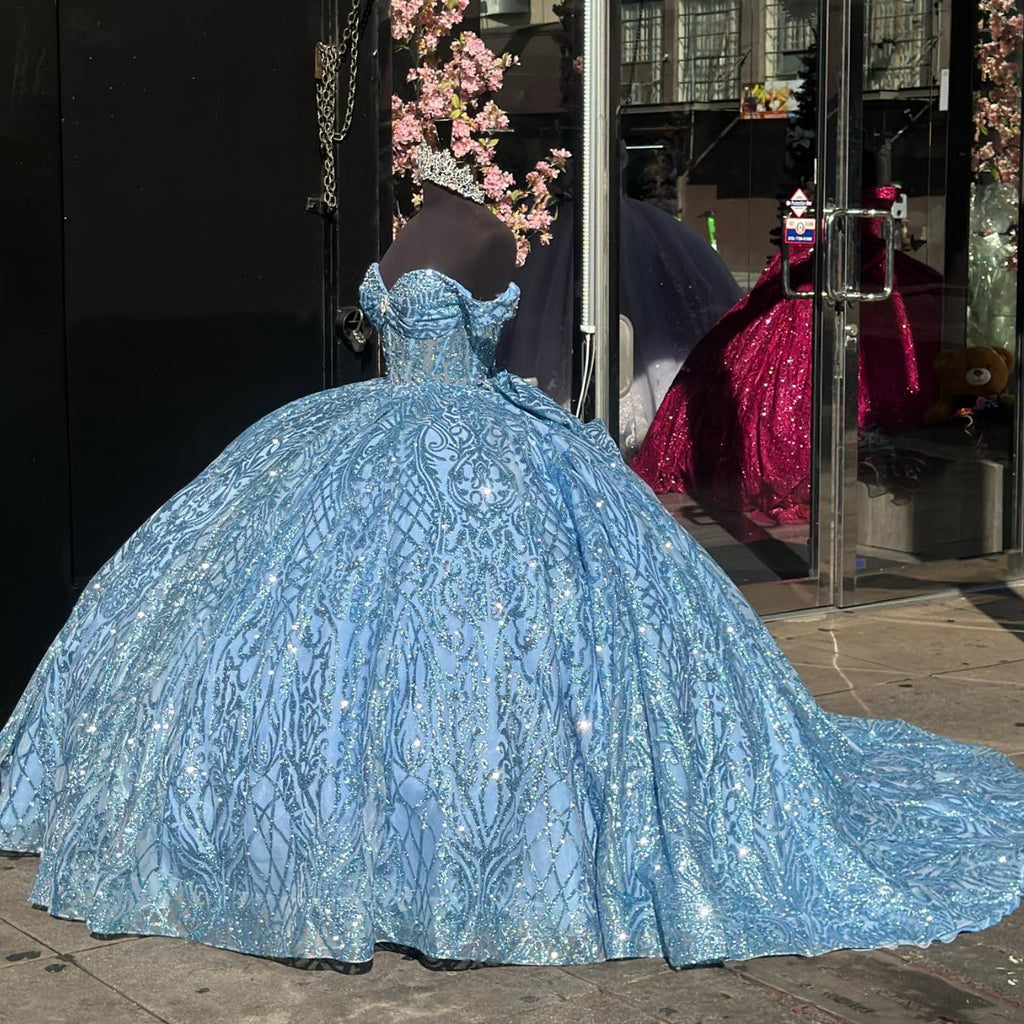 Off Shoulder Sleeveless Beaded Crystal Glitter Bow Knot Quinceañera Dress YQ1012
