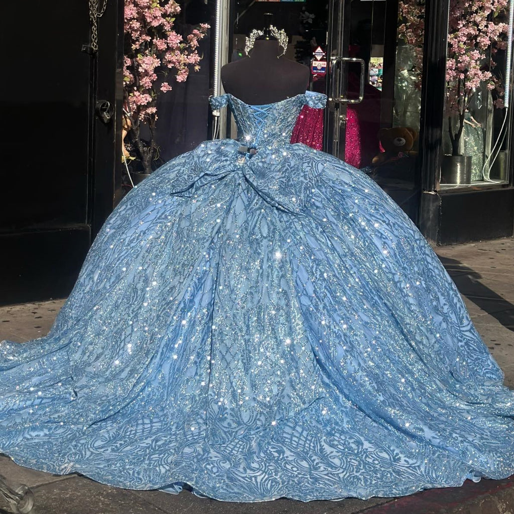 Off Shoulder Sleeveless Beaded Crystal Glitter Bow Knot Quinceañera Dress YQ1012