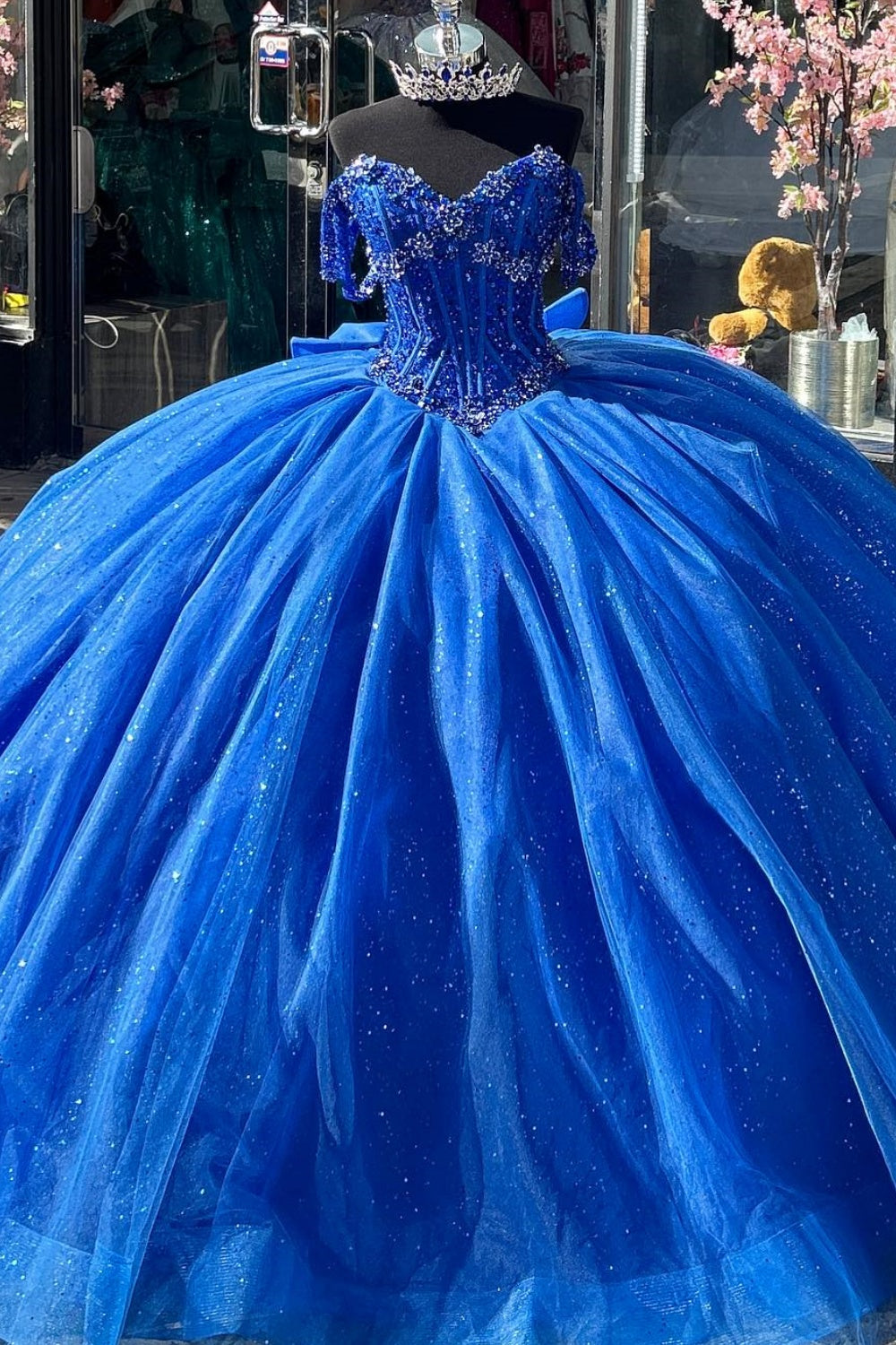 Off Shoulder Sleeveless 3D Flower Appliques Bow Knot Royal Blue Quinceañera Dress YQ1013