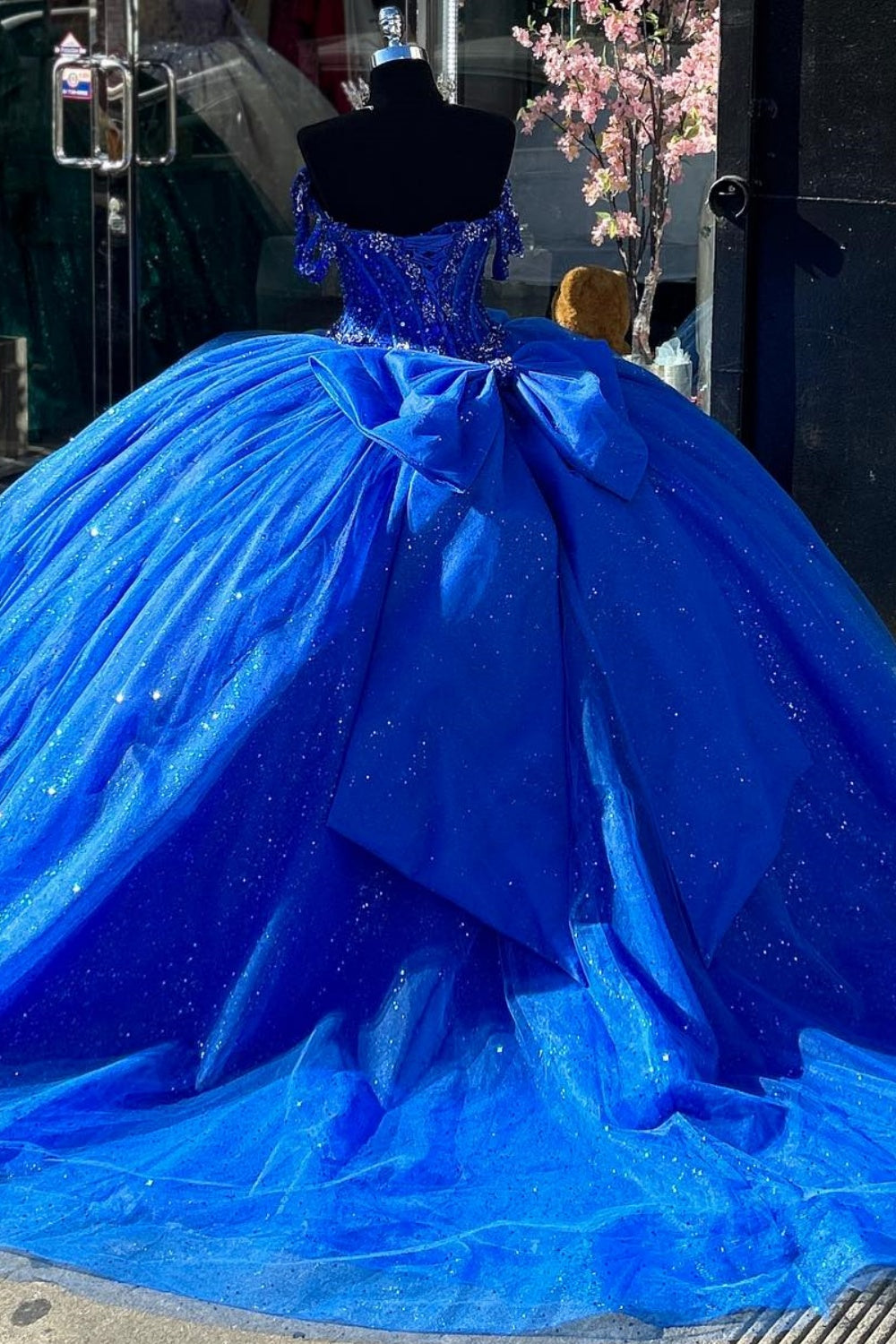 Off Shoulder Sleeveless 3D Flower Appliques Bow Knot Royal Blue Quince – YMFFW