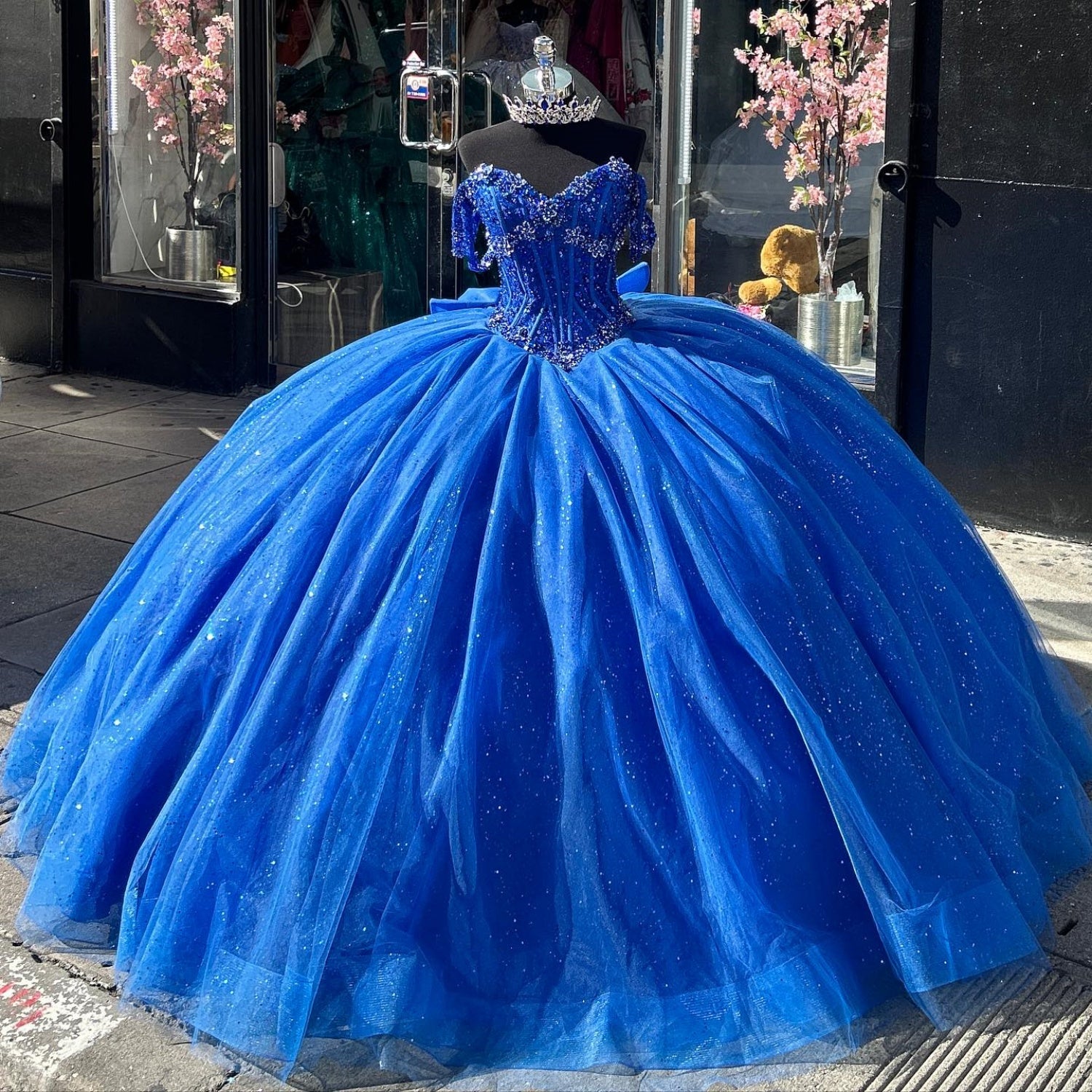 Off Shoulder Sleeveless 3D Flower Appliques Bow Knot Royal Blue Quinceañera Dress YQ1013