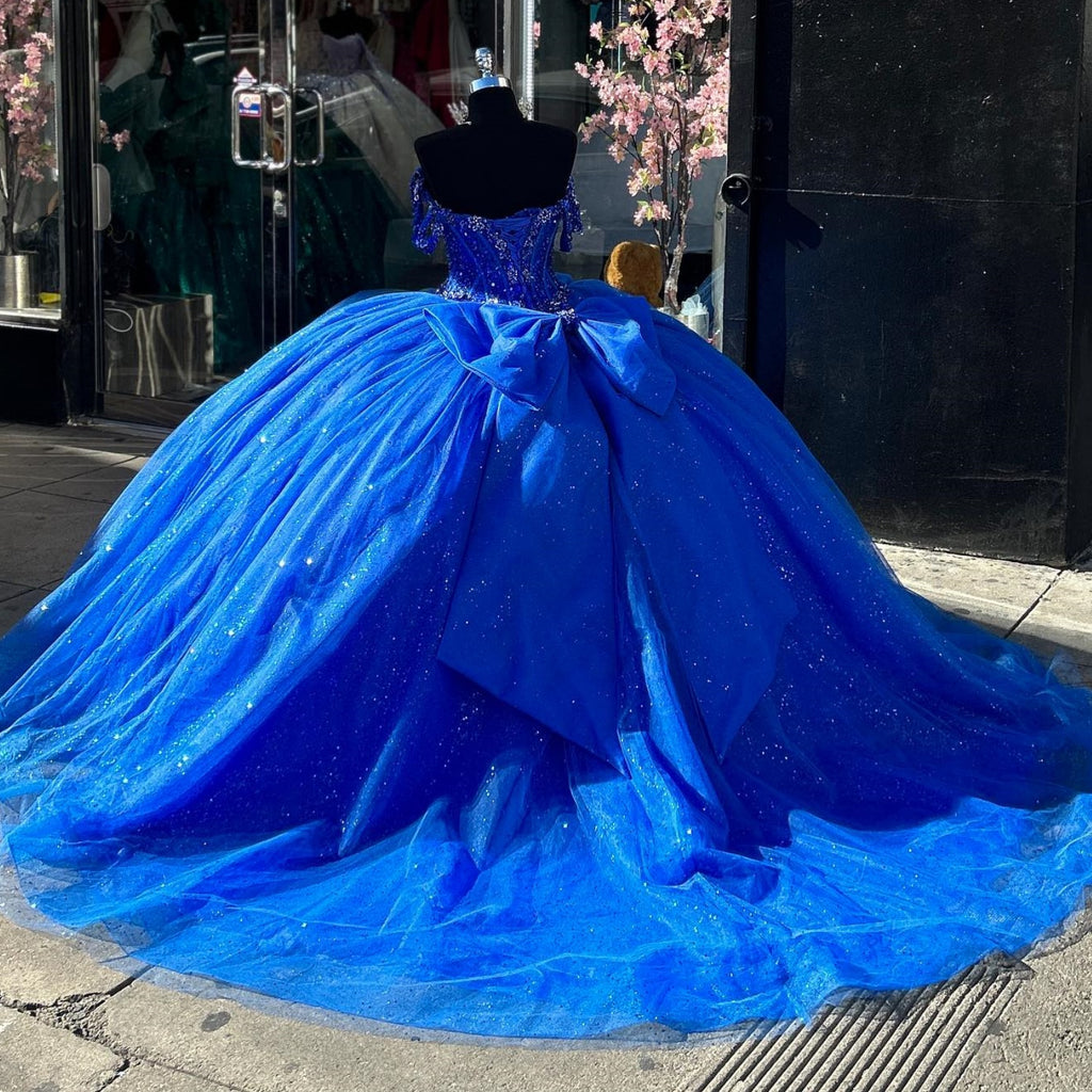 Off Shoulder Sleeveless 3D Flower Appliques Bow Knot Royal Blue Quinceañera Dress YQ1013