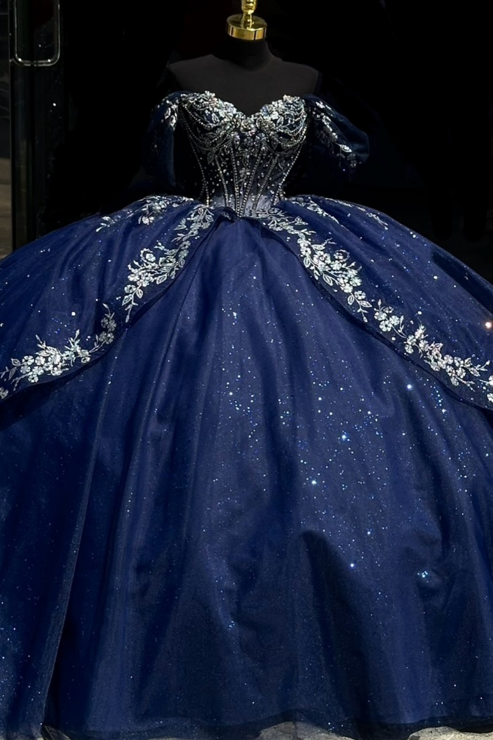 Off Shoulder Sleeveless Beaded Sliver Appliques Dark Navy Quinceañera Dress YQ1014