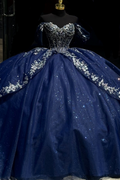 Off Shoulder Sleeveless Beaded Sliver Appliques Dark Navy Quinceañera Dress YQ1014