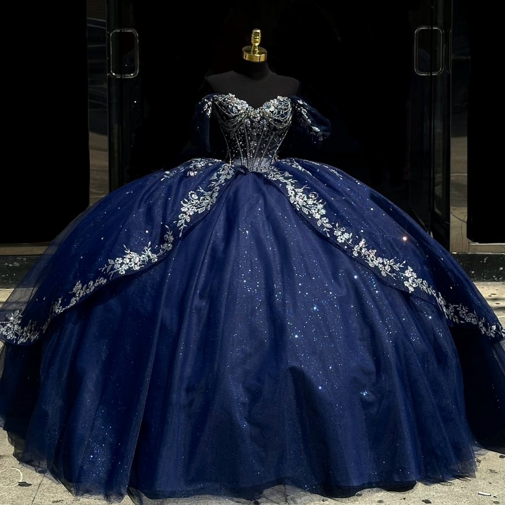 Off Shoulder Sleeveless Beaded Sliver Appliques Dark Navy Quinceañera Dress YQ1014