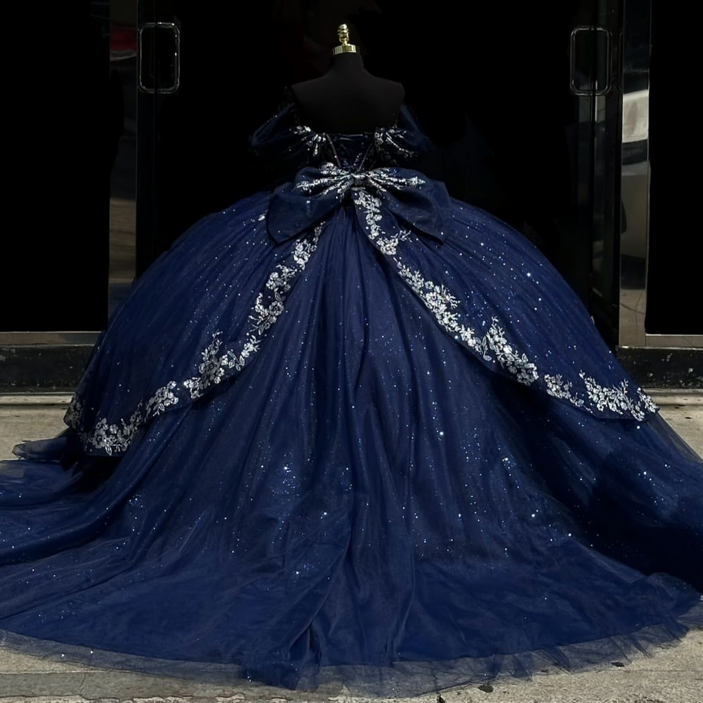 Off Shoulder Sleeveless Beaded Sliver Appliques Dark Navy Quinceañera Dress YQ1014