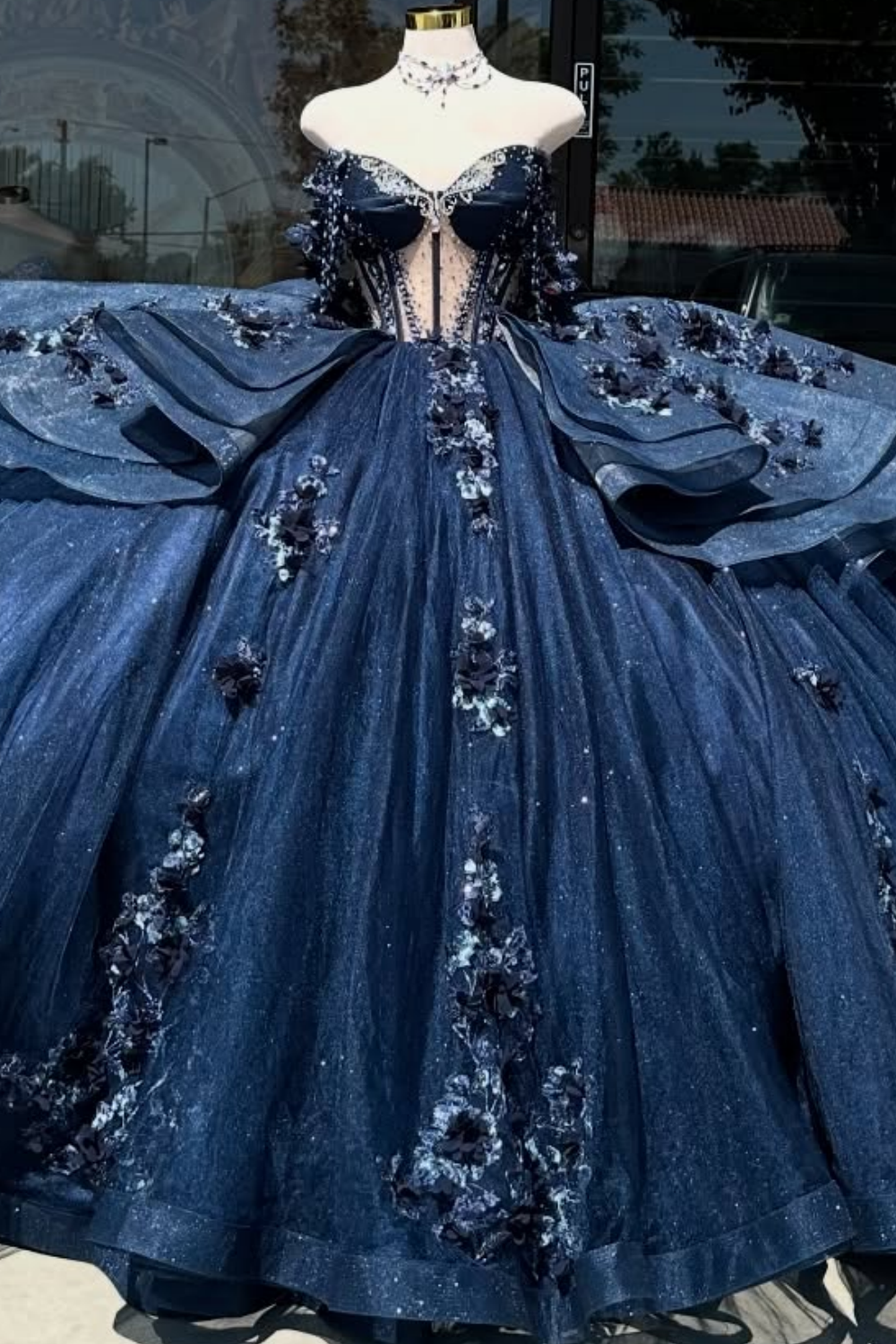 Off Shoulder Sleeveless Beaded 3D Flower Appliques Navy Quinceañera Dress YQ1015