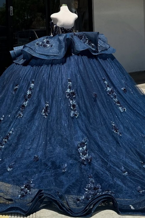 Off Shoulder Sleeveless Beaded 3D Flower Appliques Navy Quinceañera Dress YQ1015