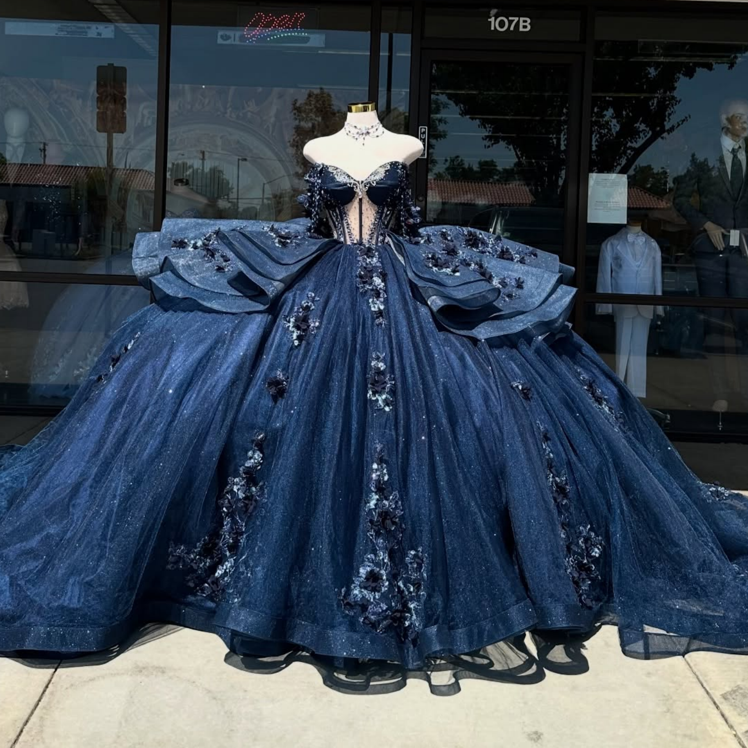 Off Shoulder Sleeveless Beaded 3D Flower Appliques Navy Quinceañera Dress YQ1015