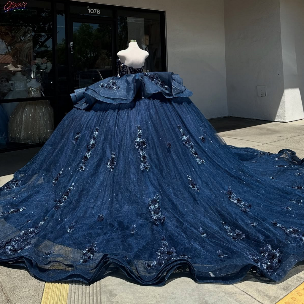 Off Shoulder Sleeveless Beaded 3D Flower Appliques Navy Quinceañera Dress YQ1015