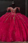Off Shoulder Sleelevelss Beaded Appliques Bow Knot Ruffles Quinceañera Dress YQ1016