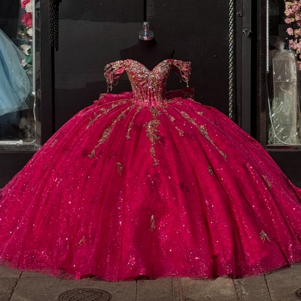 Off Shoulder Sleelevelss Beaded Appliques Bow Knot Ruffles Quinceañera Dress YQ1016