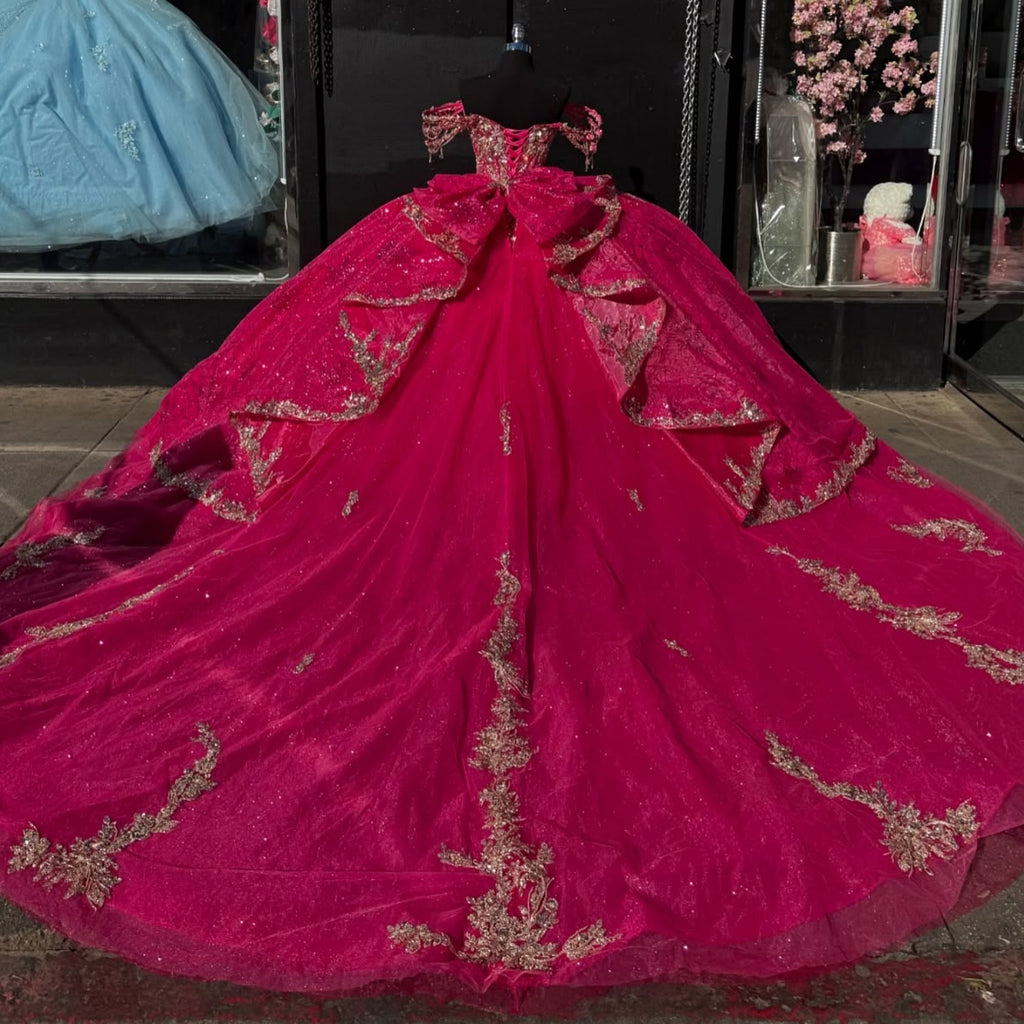 Off Shoulder Sleelevelss Beaded Appliques Bow Knot Ruffles Quinceañera Dress YQ1016