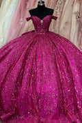Vestido de Quinceañera con Hombros Descubiertos, sin Mangas, con Cuentas de Cristal, Fucsia Brillante y Nudo de Lazo YQ1017