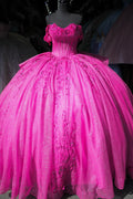 Off Shoulder Sleeveless Beaded Appliques Fuchsia Quinceañera Dress YQ1018