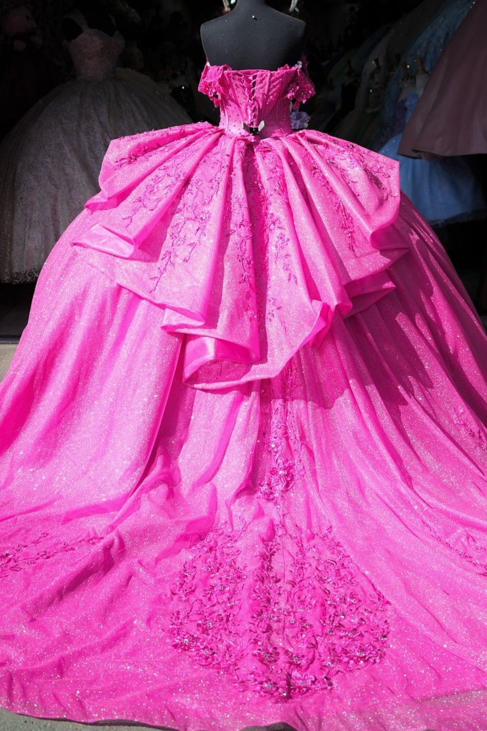 Off Shoulder Sleeveless Beaded Appliques Fuchsia Quinceañera Dress YQ1018