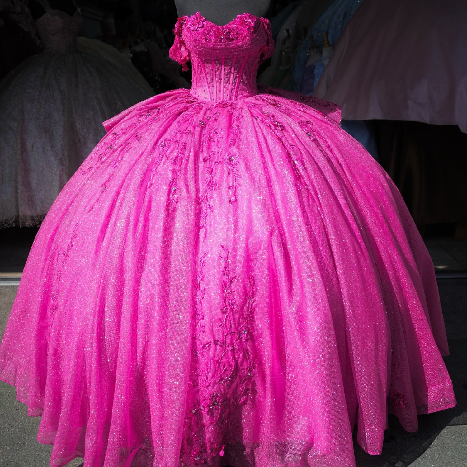 Off Shoulder Sleeveless Beaded Appliques Fuchsia Quinceañera Dress YQ1018