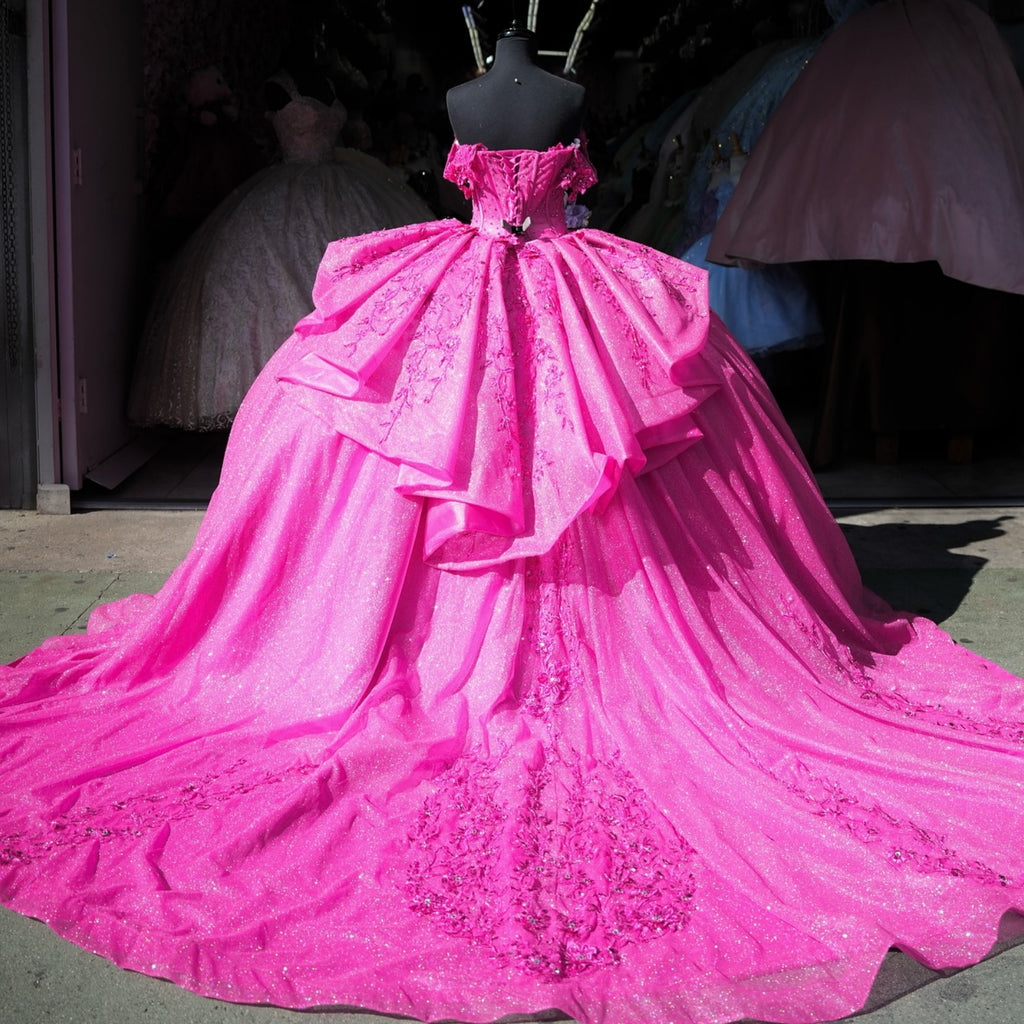 Off Shoulder Sleeveless Beaded Appliques Fuchsia Quinceañera Dress YQ1018