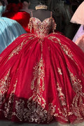 Off Shoulder Sleeveless Spaghetti Straps Beaded Gold Appliques Bow Knot Burgundy Quinceañera Dress YQ1019