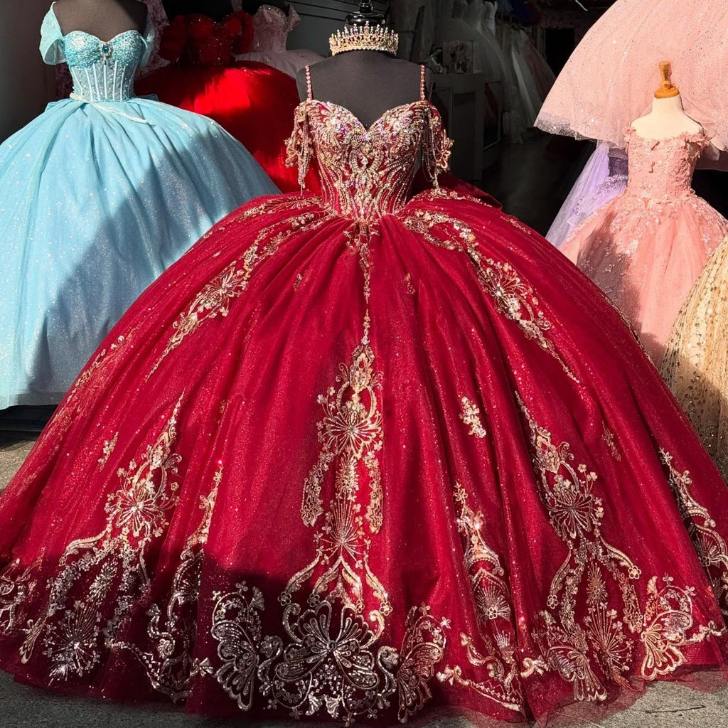Off Shoulder Sleeveless Spaghetti Straps Beaded Gold Appliques Bow Knot Burgundy Quinceañera Dress YQ1019