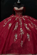 Vestidos de quinceañera YQ1020 con lentejuelas doradas, hombros descubiertos, sin mangas y lazo