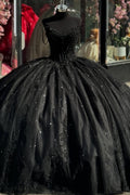 Vestido de Quinceañera Negro con Nudo de Lazo, Apliques de Encaje y Cuentas sin Mangas con Escote Corazón YQ1021