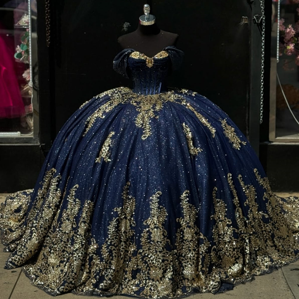 Off Shoulder Sleeveless Beaded Gold Sequins Appliques Bow Knot Quinceañera Dress YQ1022