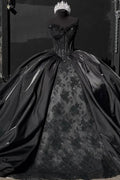 Sweetheart Detachable Sleeves Beaded Lace Appliques Black Quinceañera Dress YQ1023