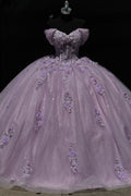 Off Shoulder Sleeveless Pleated 3D Flowers Appliques Lilac Quinceañera Dresses YQ1024