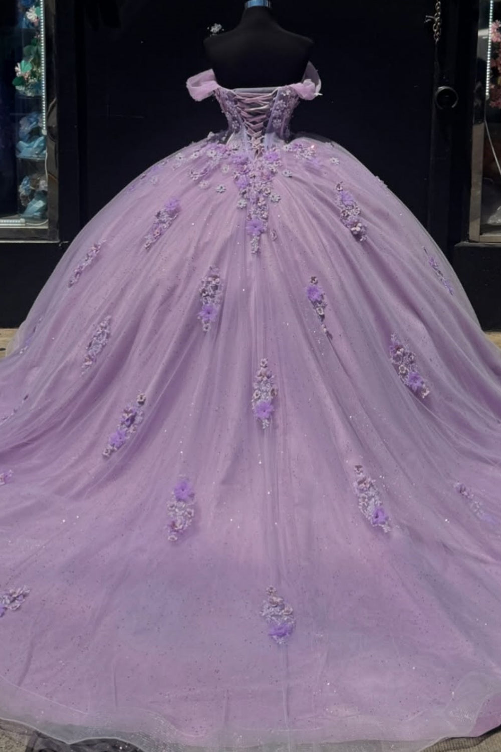 Off Shoulder Sleeveless Pleated 3D Flowers Appliques Lilac Quinceañera Dresses YQ1024