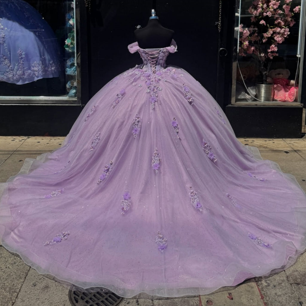 Off Shoulder Sleeveless Pleated 3D Flowers Appliques Lilac Quinceañera Dresses YQ1024