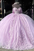 Off Shoulder Sleeveless Pleated Appliques Bow Knot Lilac Quinceañera Dress YQ1025