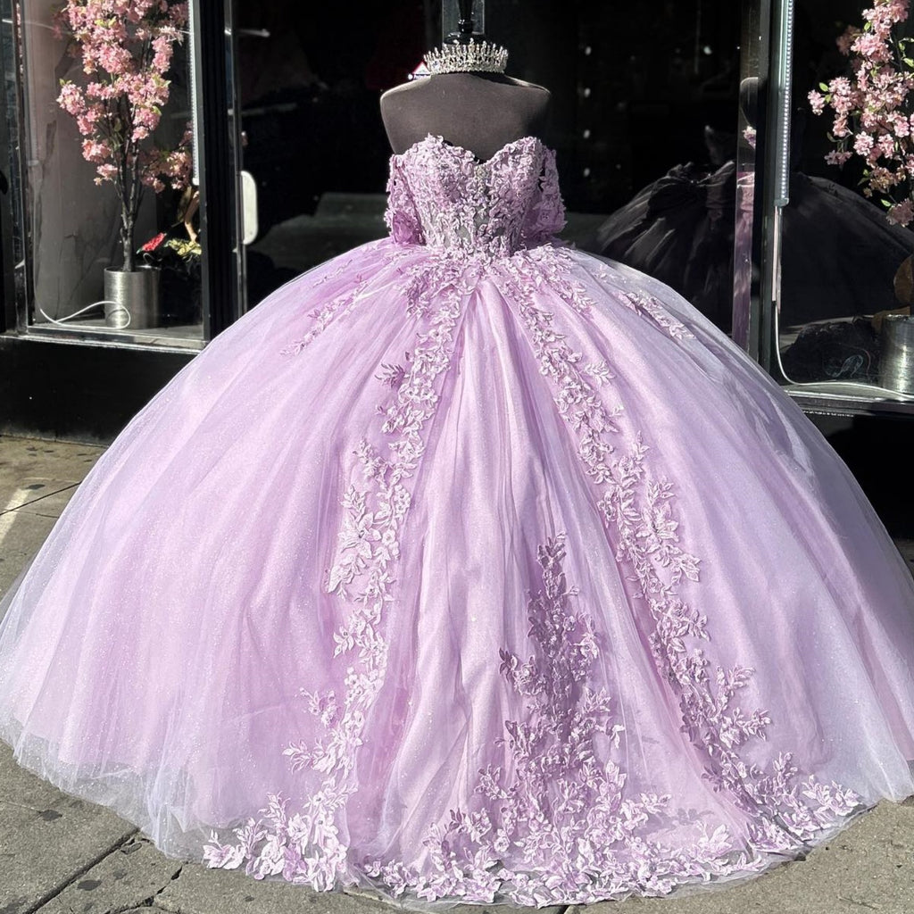 Off Shoulder Sleeveless Pleated Appliques Bow Knot Lilac Quinceañera Dress YQ1025