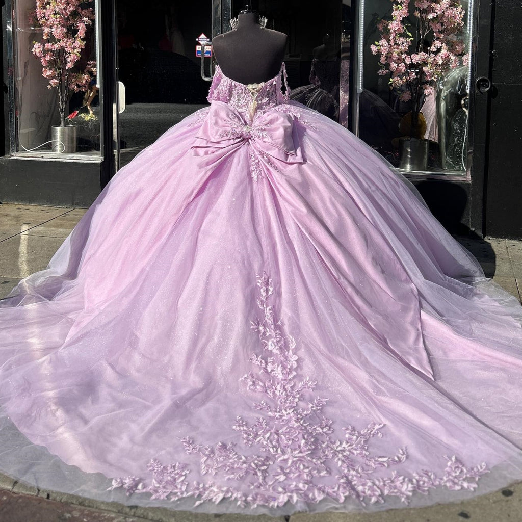 Off Shoulder Sleeveless Pleated Appliques Bow Knot Lilac Quinceañera Dress YQ1025