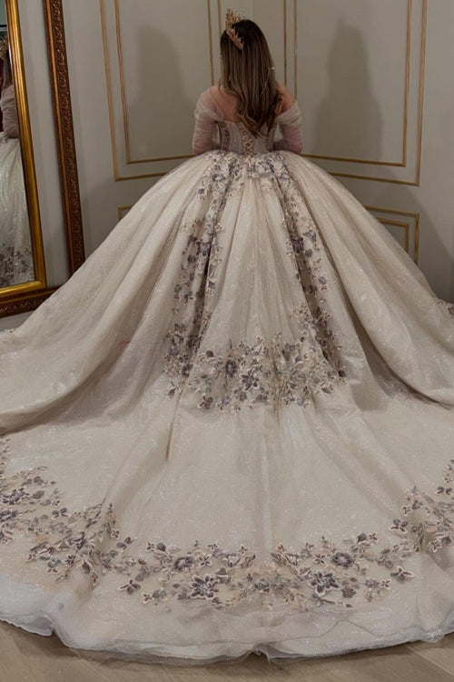 Off Shoulder Detachable Sleeves Beaded Sequins Appliques Champagne Quinceañera Dress YQ1027