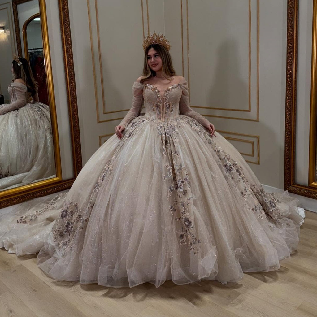 Off Shoulder Detachable Sleeves Beaded Sequins Appliques Champagne Quinceañera Dress YQ1027
