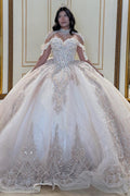 Off Shoulder Sleeveless Beaded Appliques Ruffles Bow Knot Champagne Quinceañera Dress YQ1028
