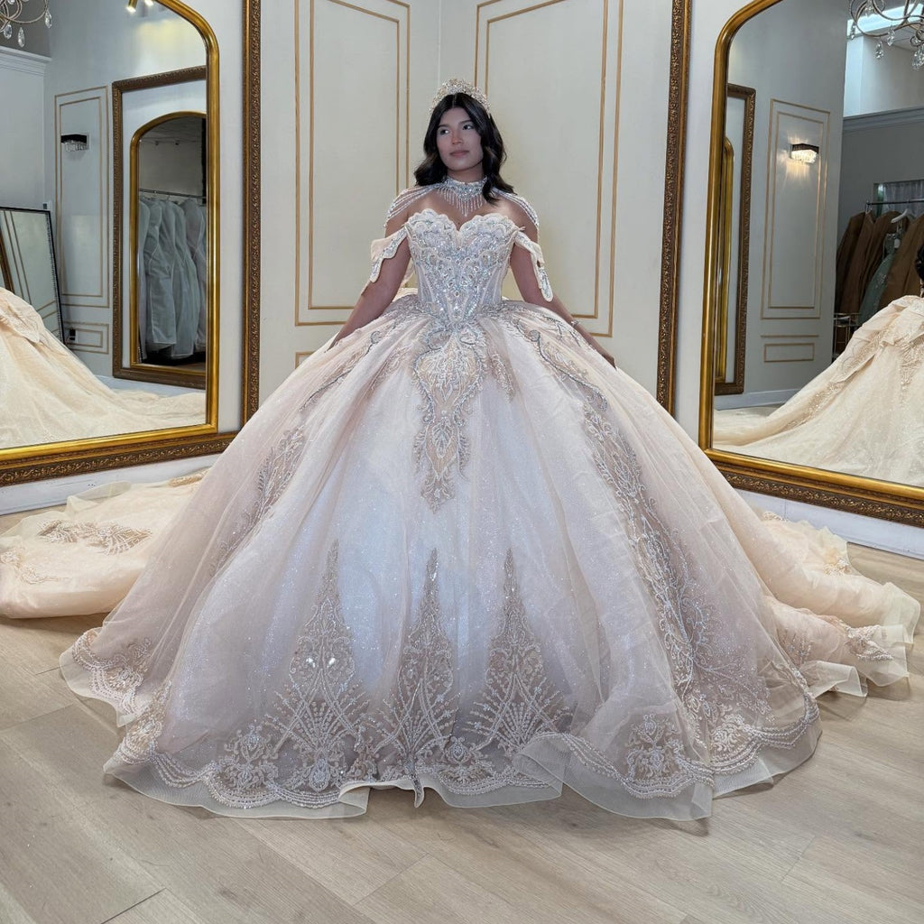 Off Shoulder Sleeveless Beaded Appliques Ruffles Bow Knot Champagne Quinceañera Dress YQ1028