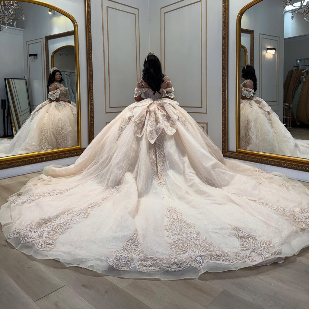 Off Shoulder Sleeveless Beaded Appliques Ruffles Bow Knot Champagne Quinceañera Dress YQ1028