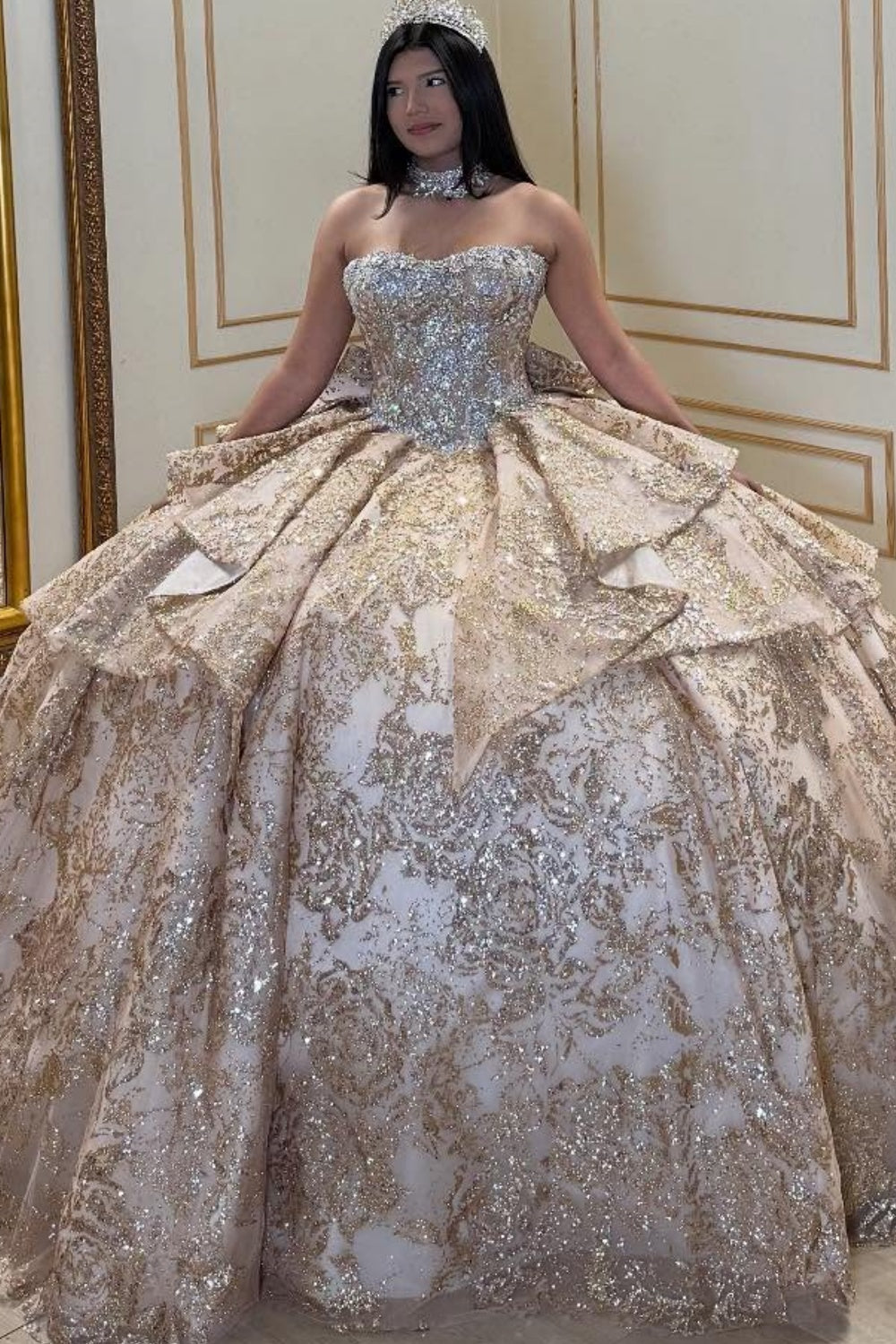 Strapless Sleeveless Beaded Ruffles Gold Glitter Bow Knot Quinceañera Dress YQ1029