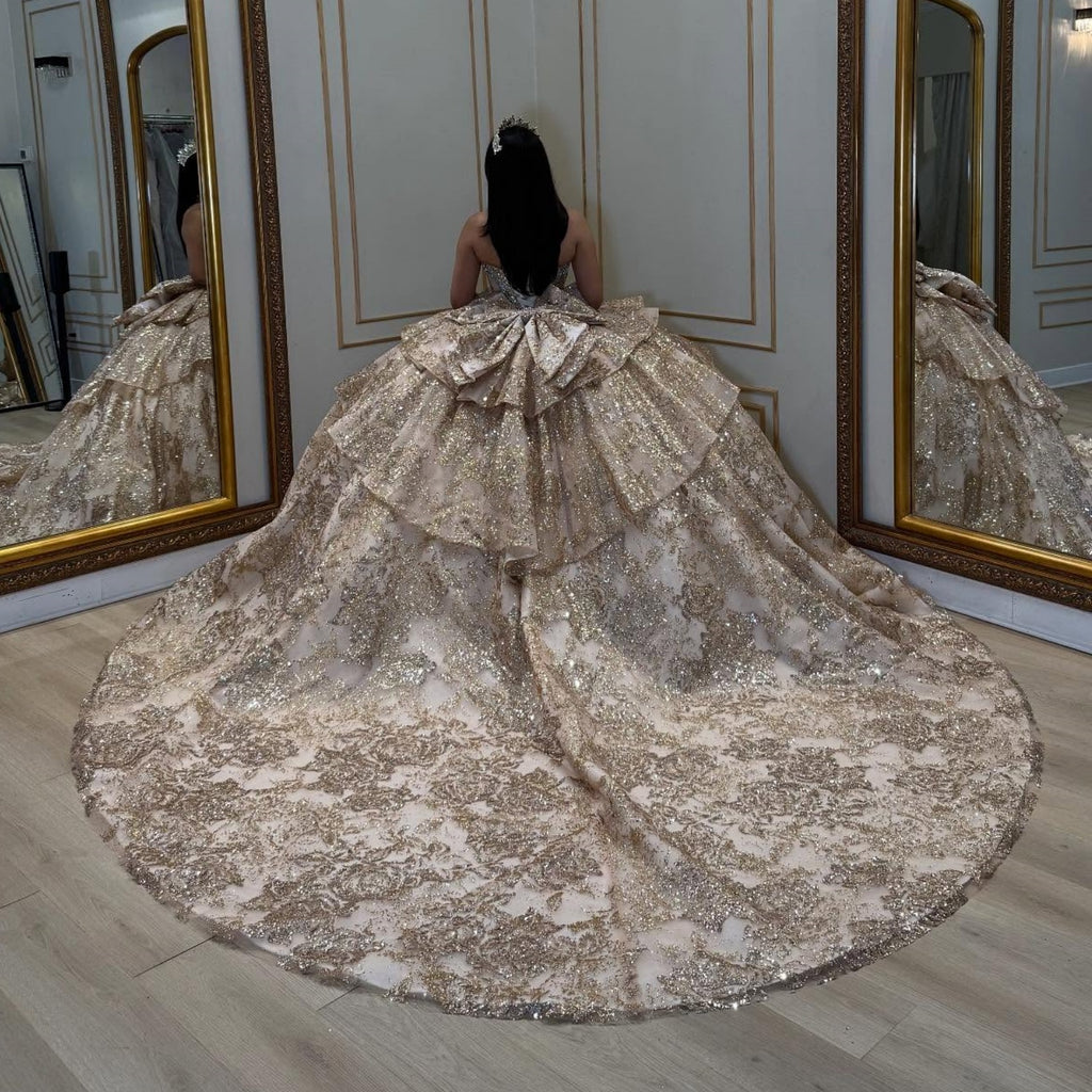 Strapless Sleeveless Beaded Ruffles Gold Glitter Bow Knot Quinceañera Dress YQ1029
