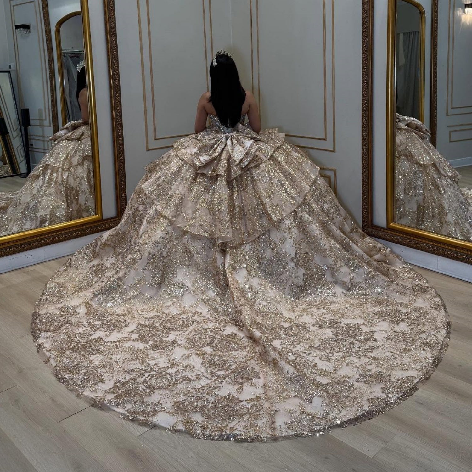 Strapless Sleeveless Beaded Ruffles Gold Glitter Bow Knot Quinceañera Dress YQ1029