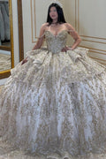 Off Shoulder Sleeveless Beaded Ruffles Gold Glitter Bow Knot Quinceañera Dress YQ1030