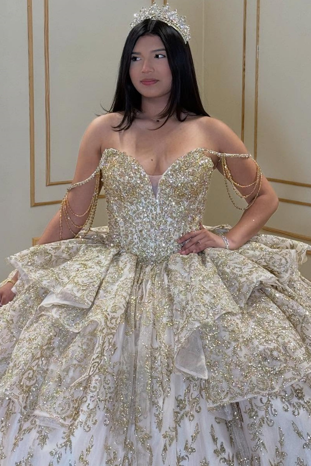 Off Shoulder Sleeveless Beaded Ruffles Gold Glitter Bow Knot Quinceañera Dress YQ1030