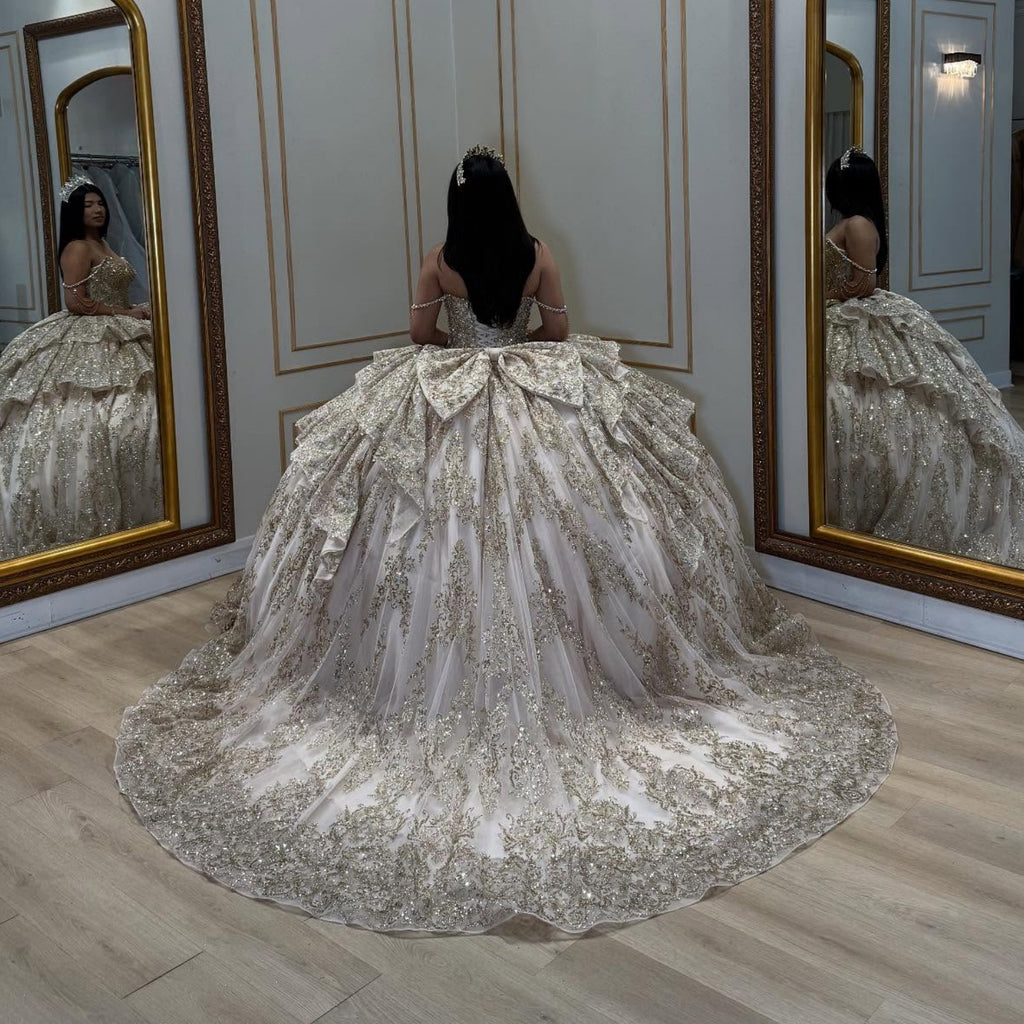 Off Shoulder Sleeveless Beaded Ruffles Gold Glitter Bow Knot Quinceañera Dress YQ1030