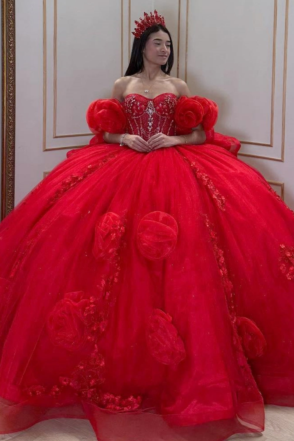 Off Shoulder Sleeveless Beaded 3D Flower Appliques Quinceañera Dress YQ1031