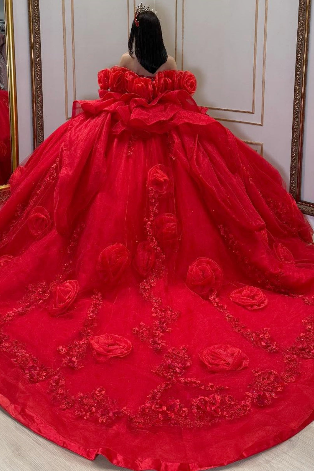 Off Shoulder Sleeveless Beaded 3D Flower Appliques Quinceañera Dress YQ1031
