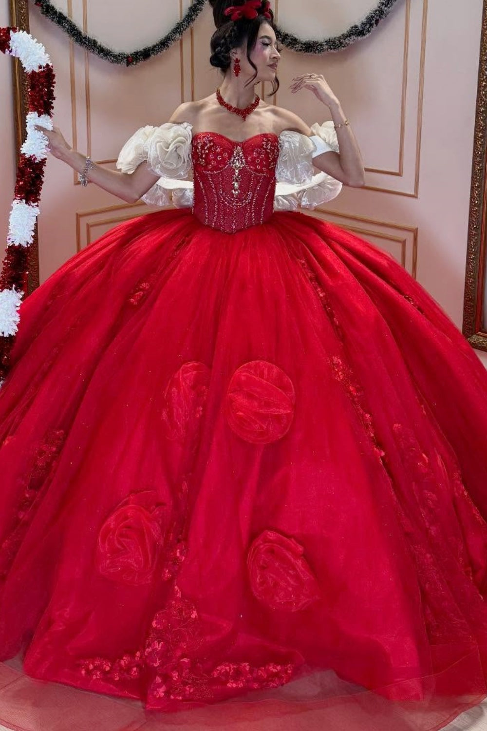 Off Shoulder Sleeveless Beaded 3D Flower Appliques Quinceañera Dress YQ1031