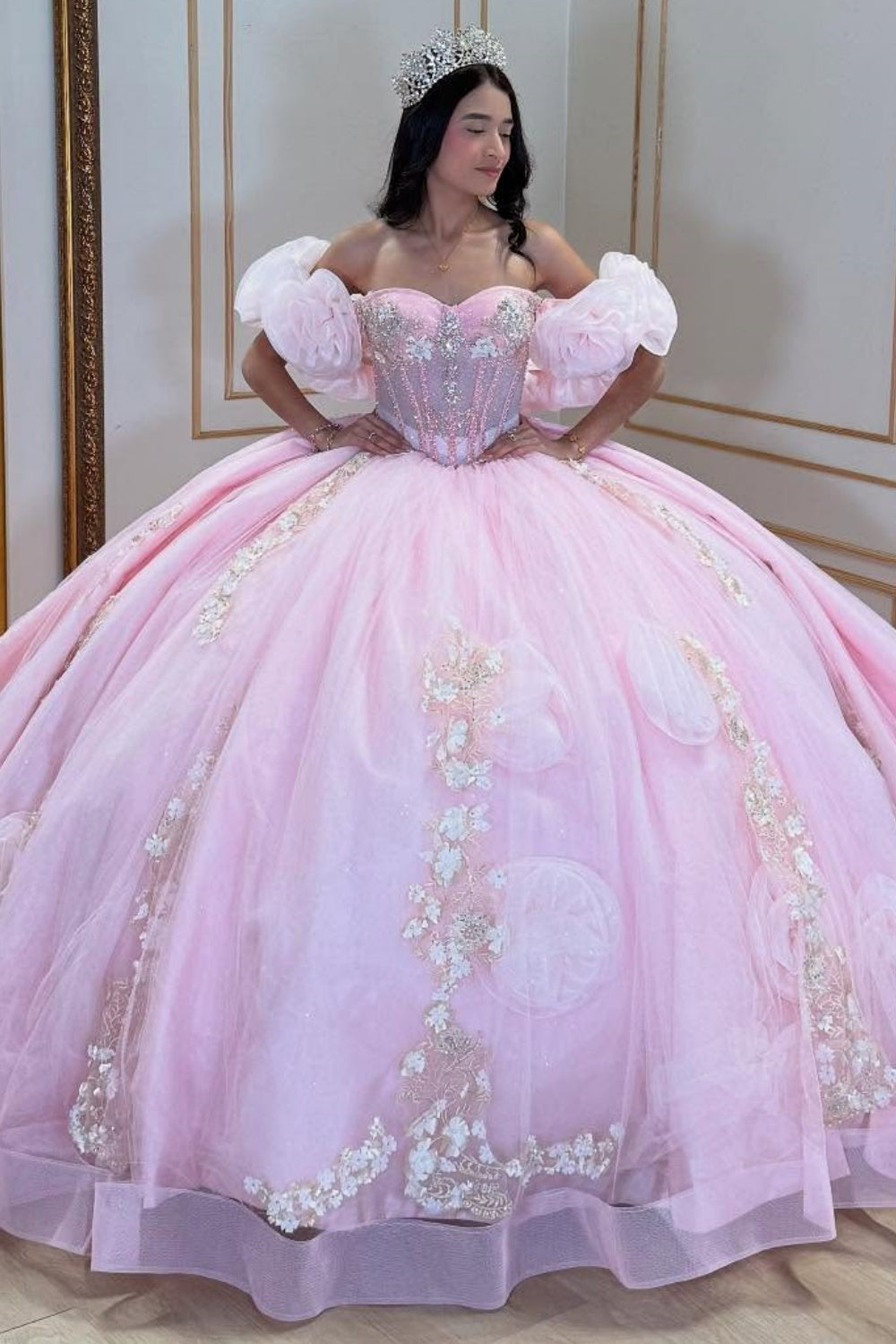 Off Shoulder Sleeveless Beaded 3D Flower Appliques Quinceañera Dress YQ1031